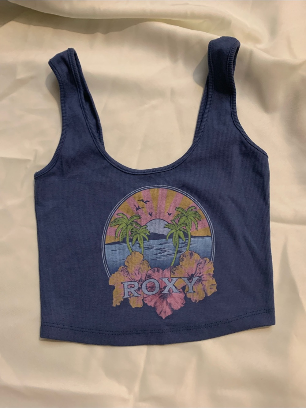 Roxy Navy Crop Tank with Tropical Sunset Graphic